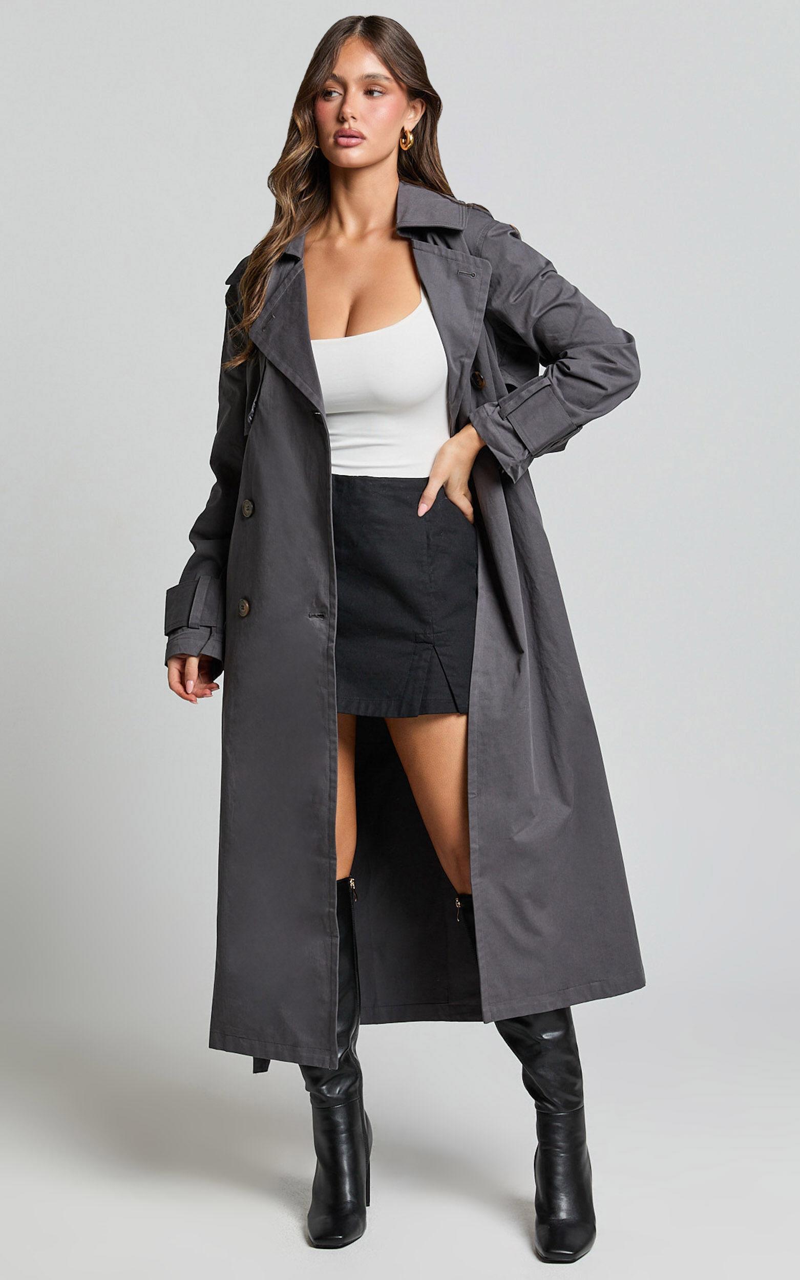 Avah Trench Coat - Double Breasted Tie Waist Coat in Charcoal Product Image