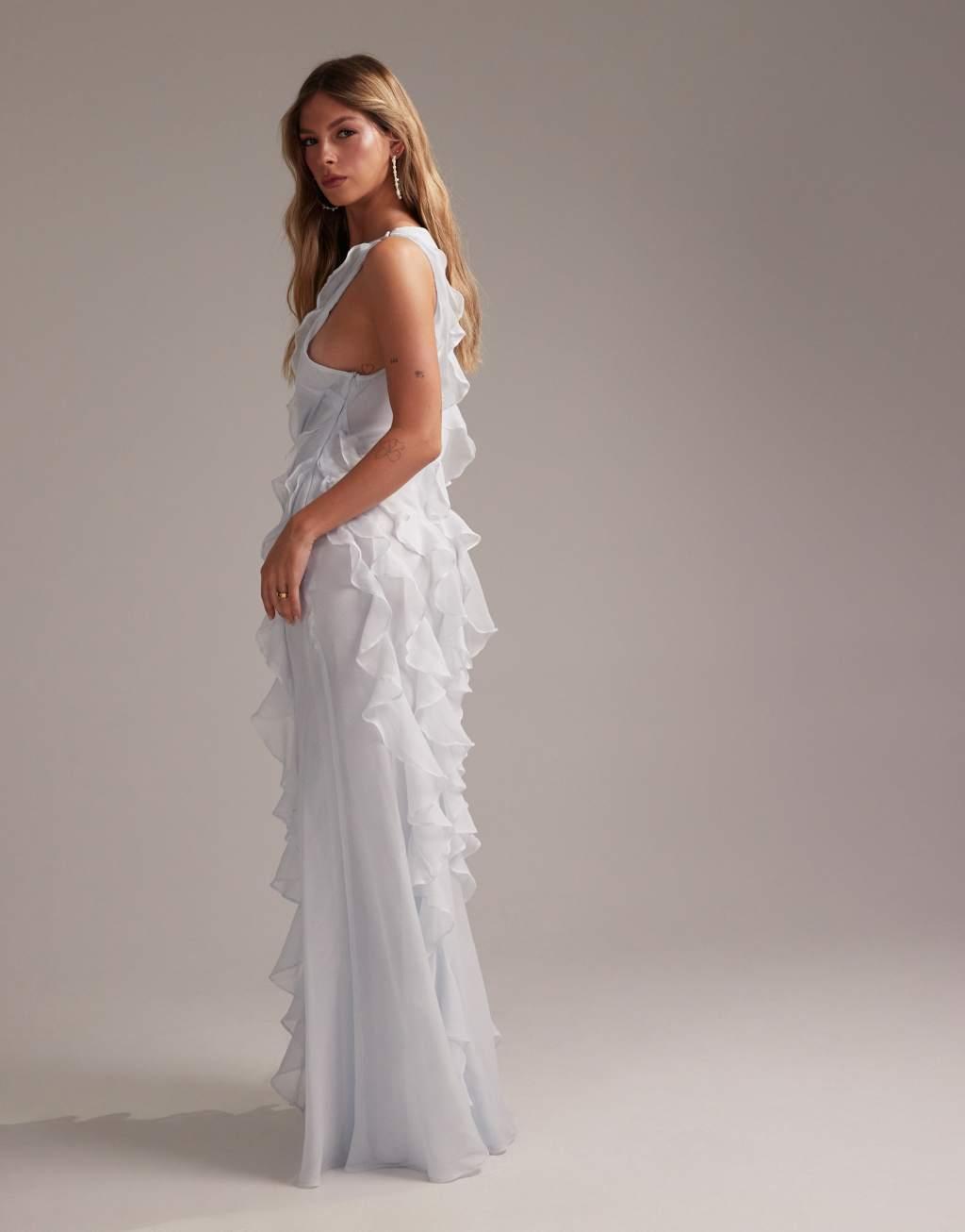 ASOS DESIGN Bridesmaids racer neck bias ruffle maxi dress in light blue Product Image