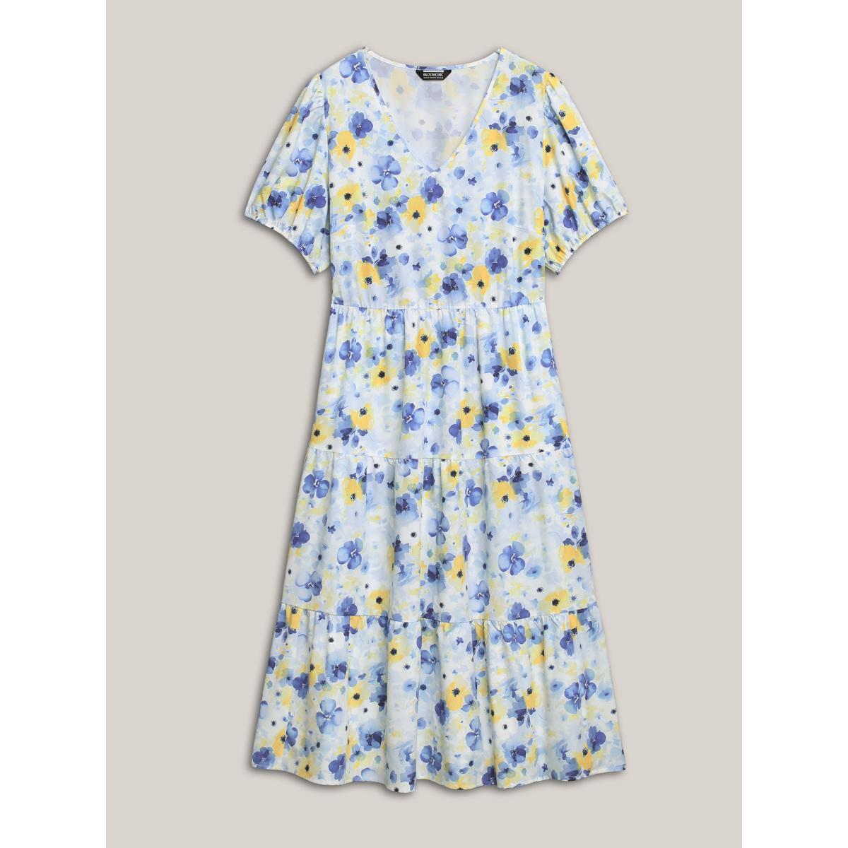 Plus Size Blooming Flowers Puff Sleeve Stretchy-Waist Dress LightBlue Women Elegant Non V-neck Short sleeve Curvy BloomChic 14-16/1X Product Image