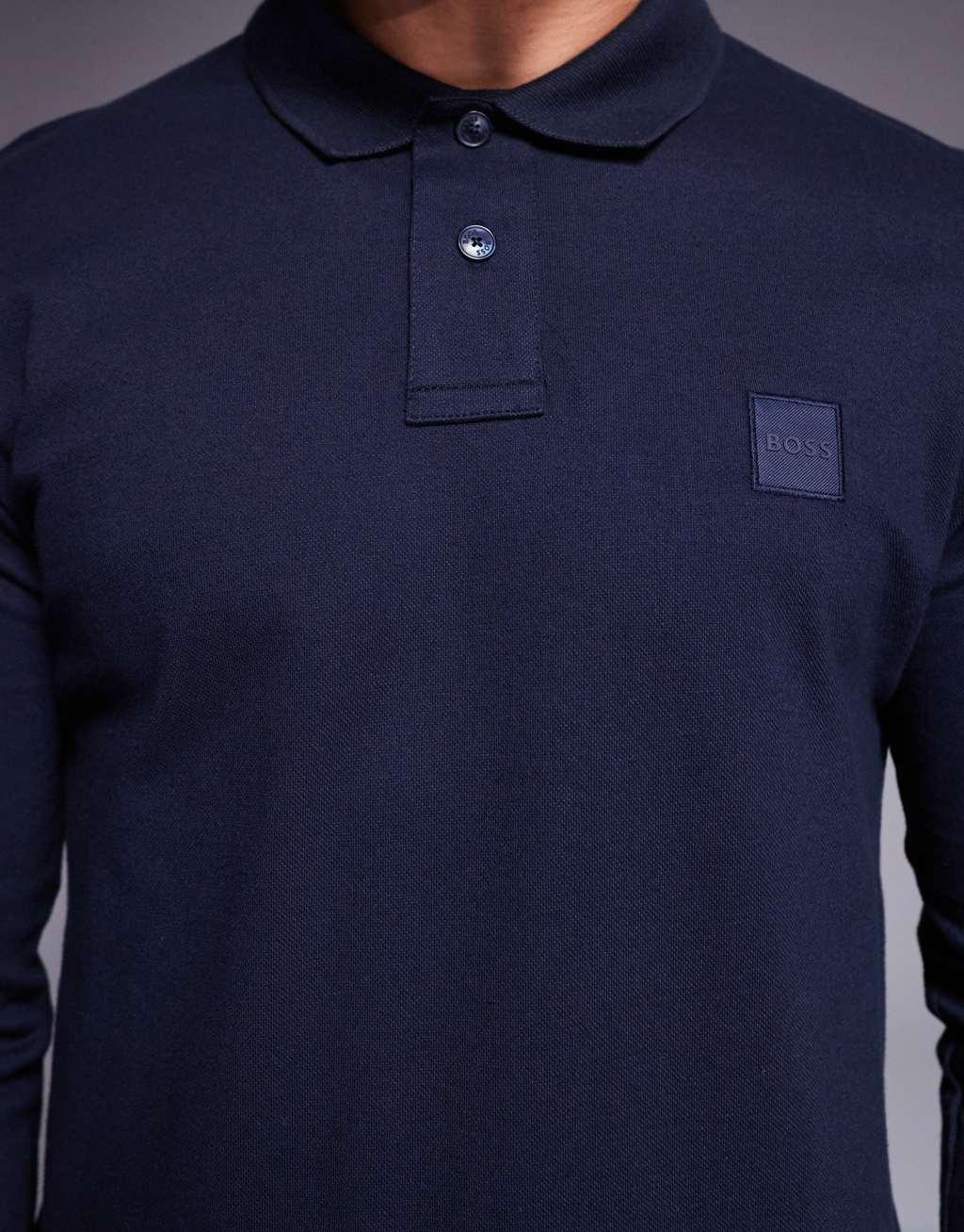 BOSS Orange Passerby tonal logo long sleeve pique polo slim fit in navy Product Image