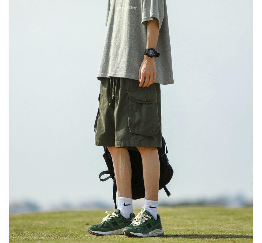 Drawstring Waist Plain Cargo Shorts Product Image