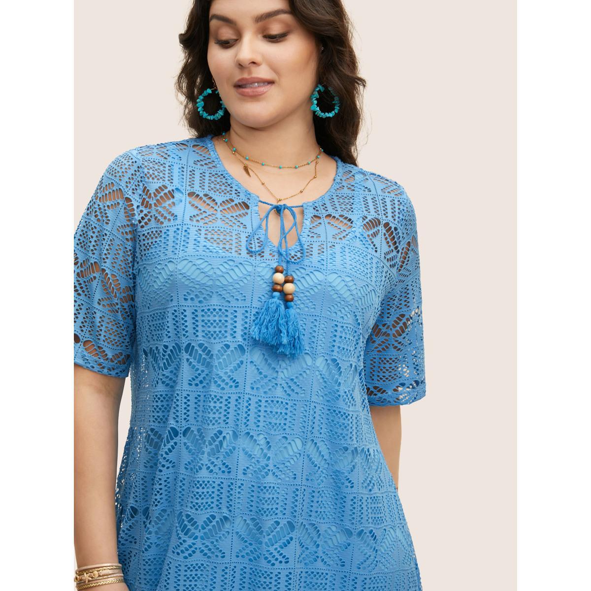 Plus Size Cut Out Tassel Trim Split Hem Midi Dress Skyblue Women Resort Flat collar with V-notch Half Sleeve Curvy BloomChic 22-24/3X Product Image