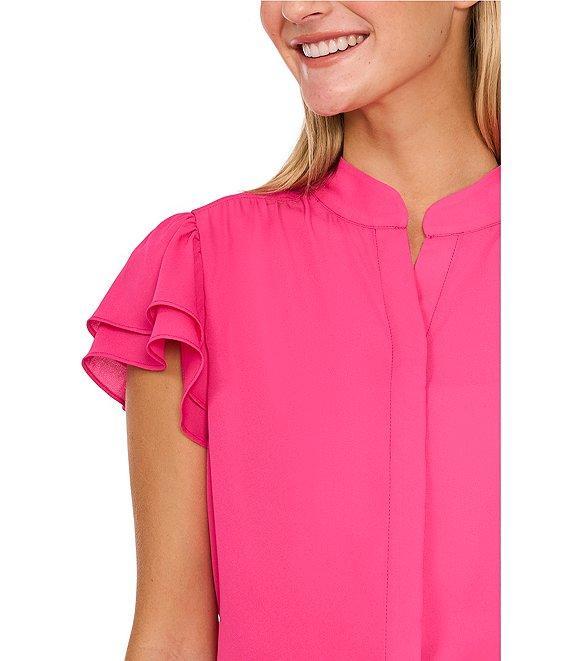 CeCe Woven Mandarin Collar Flutter Short Sleeve Blouse Product Image
