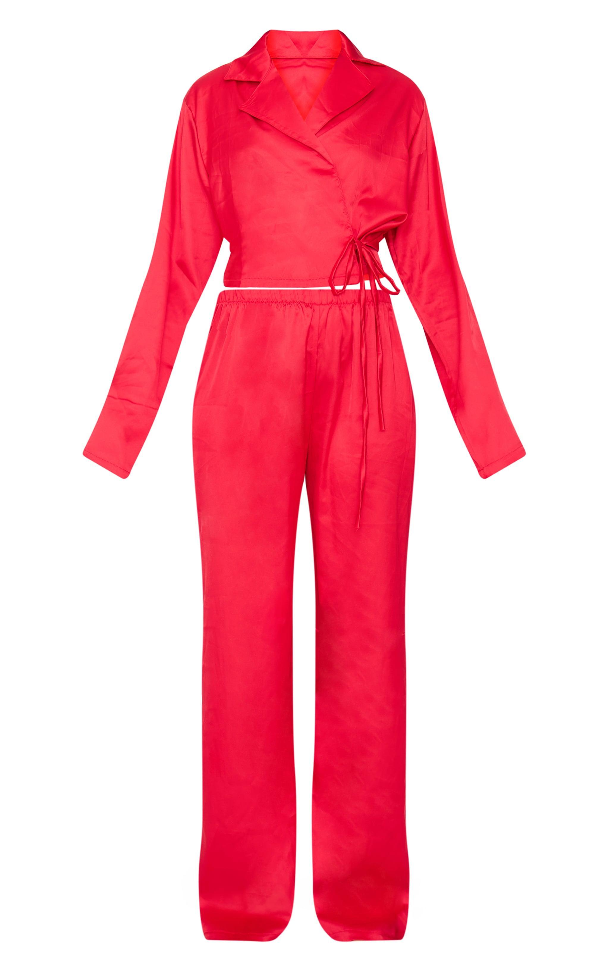 Red Satin Wrap Cropped Long Pj Set Product Image