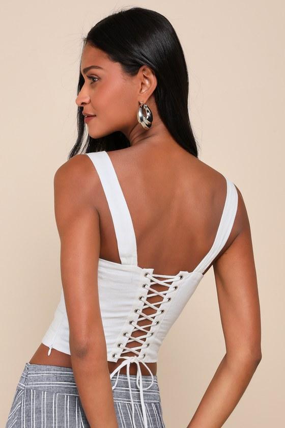 Trendsetting Essence White Linen Pleated Cropped Lace-Up Top Product Image