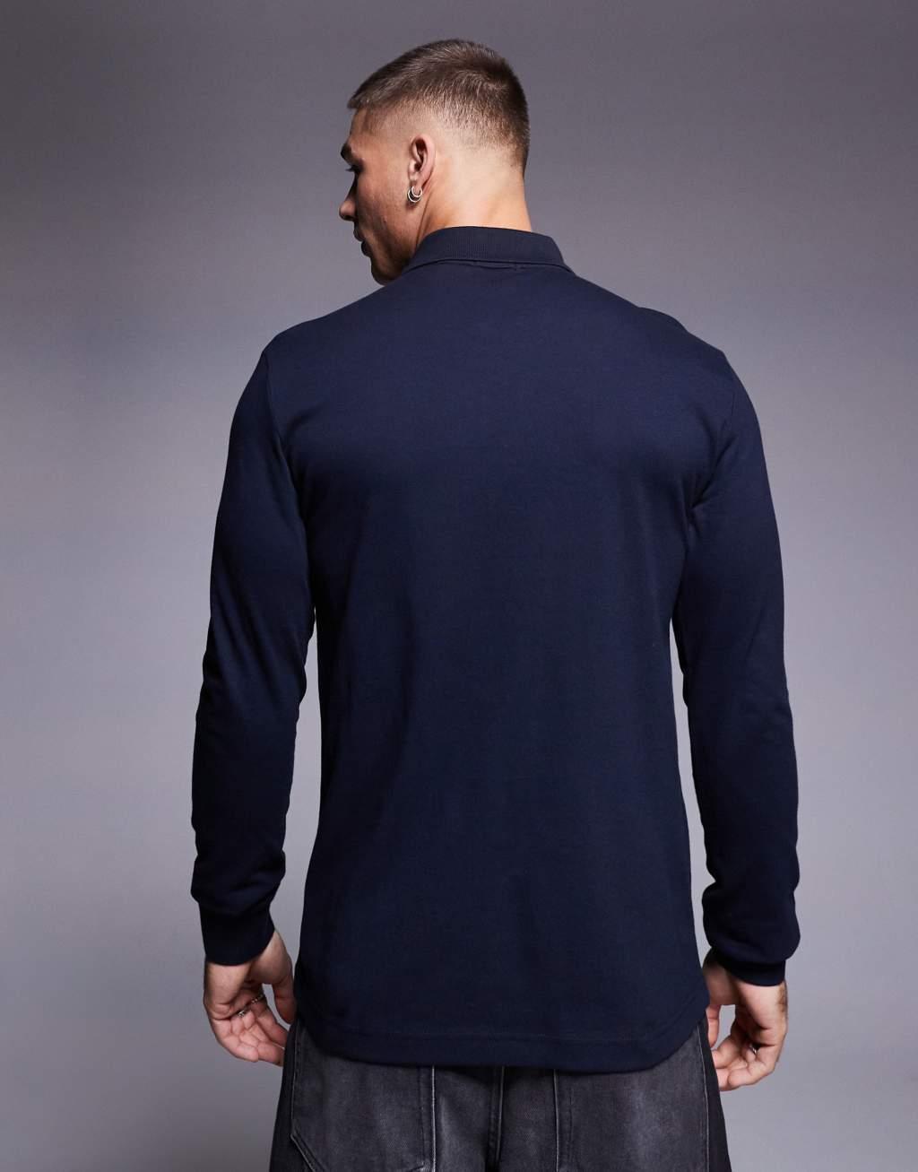 BOSS Orange Passerby tonal logo long sleeve pique polo slim fit in navy Product Image