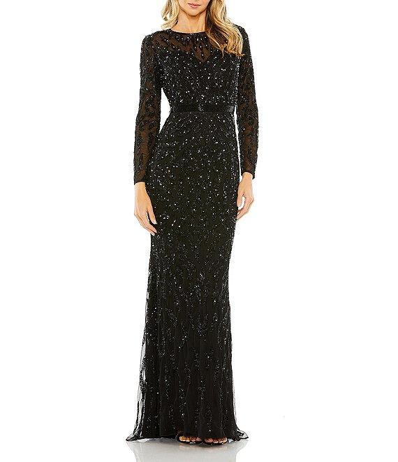 Mac Duggal Long Sleeve Sequin Crew Neck Fully Lined Sheath Gown Product Image