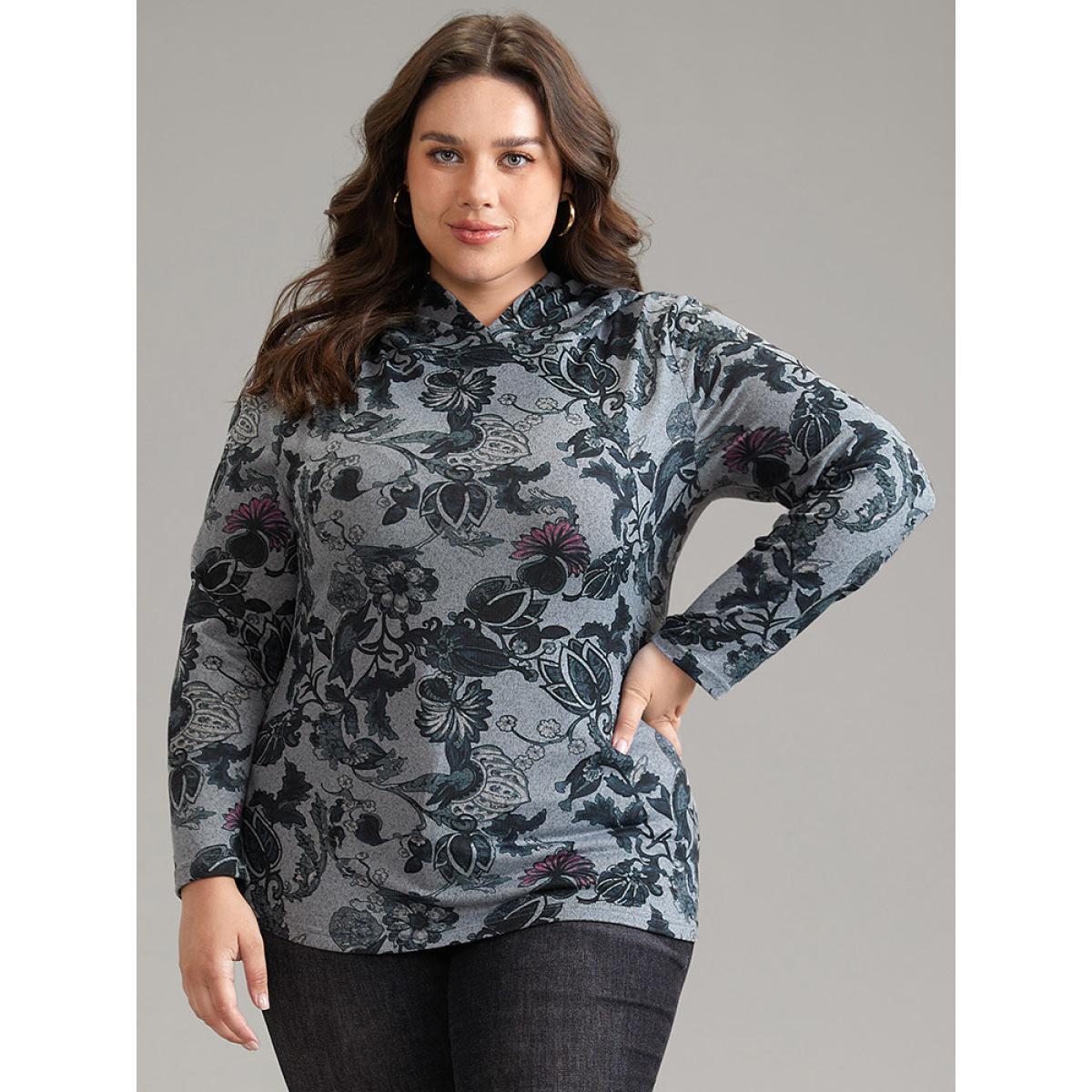 Plus Size Floral Print Hooded T-shirt DimGray Women Elegant Printed Floral Hooded Dailywear T-shirts BloomChic 14-16/1X Product Image