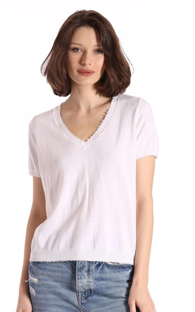 Minnie Rose Cotton Cashmere Frayed V Tee Product Image