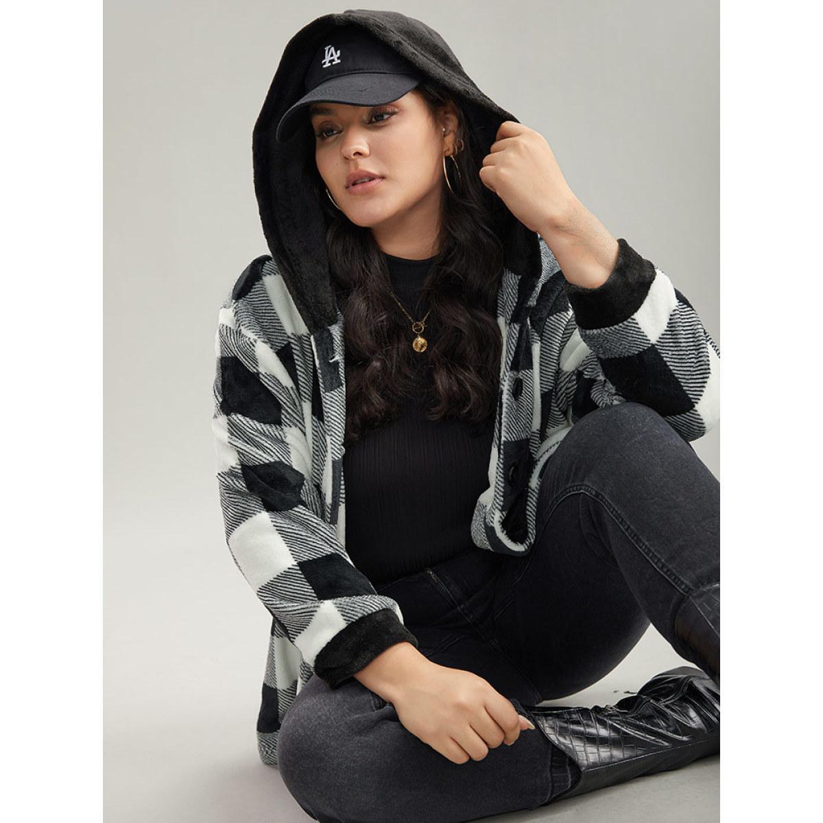 Plus Size Plaid Button Through Patchwork Hooded Jacket Women Black Casual Contrast Ladies Dailywear Winter Coats BloomChic 14-16/1X Product Image