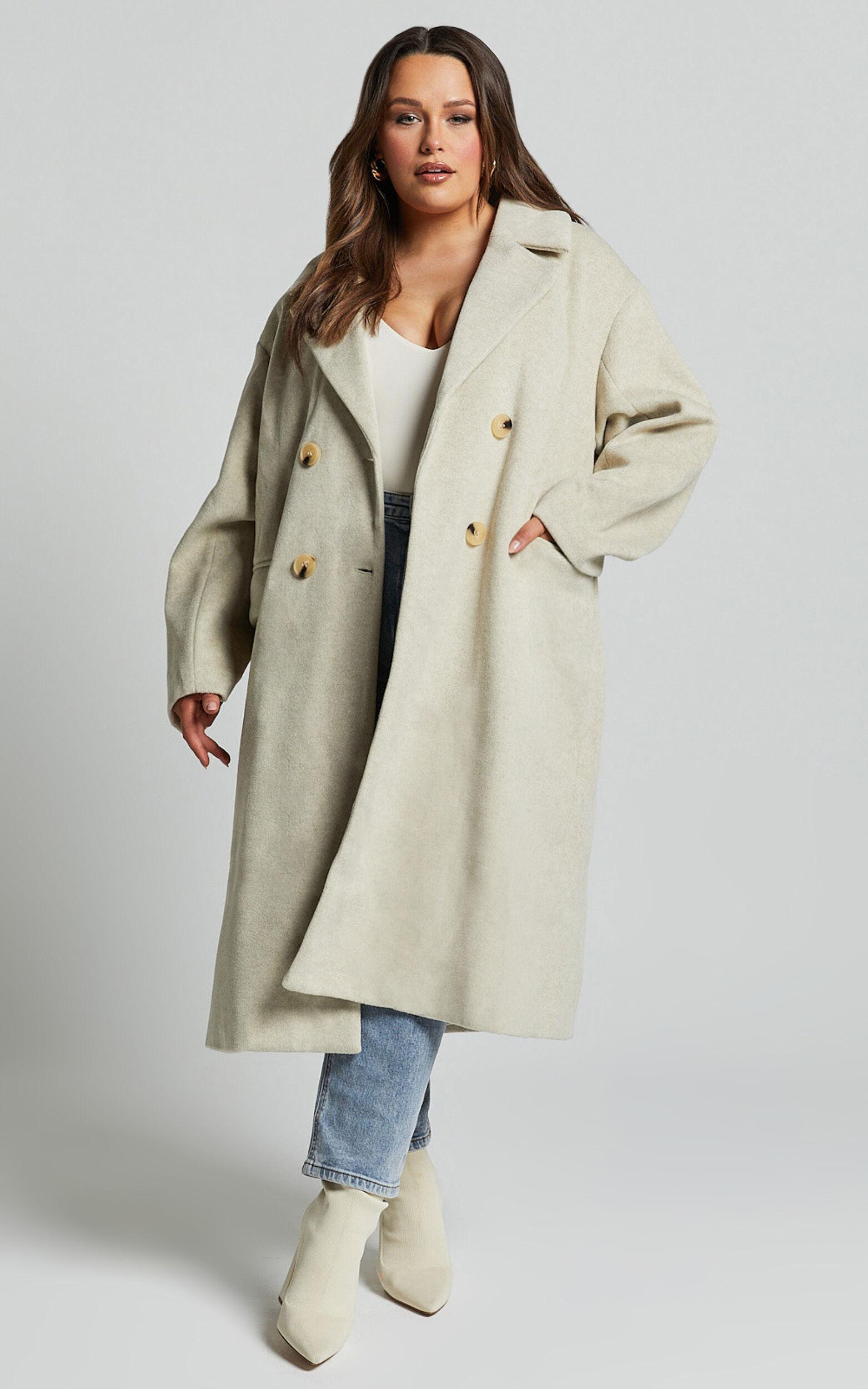 Libee Coat - Double Breasted Longline Coat in Oatmeal Product Image