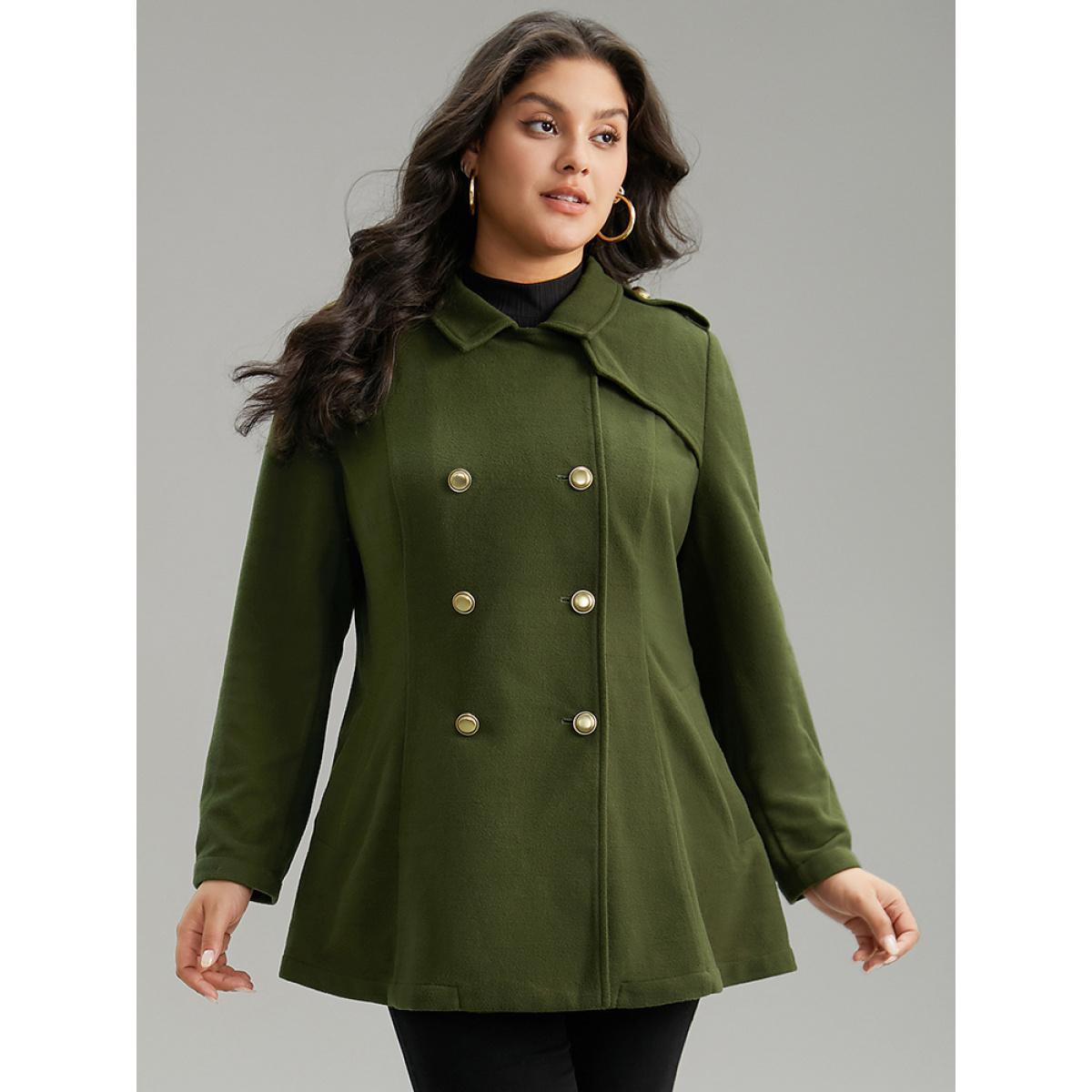 Plus Size Plain Double Breasted Lapel Collar Coat Women ArmyGreen Casual Plain Ladies Dailywear Winter Coats BloomChic 10/M Product Image