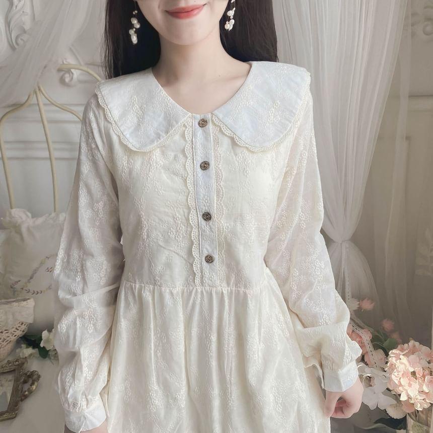 Long-Sleeve Peter Pan Collar Floral Embroidered Lace Trim Half-Buttoned Midi A-Line Dress Product Image