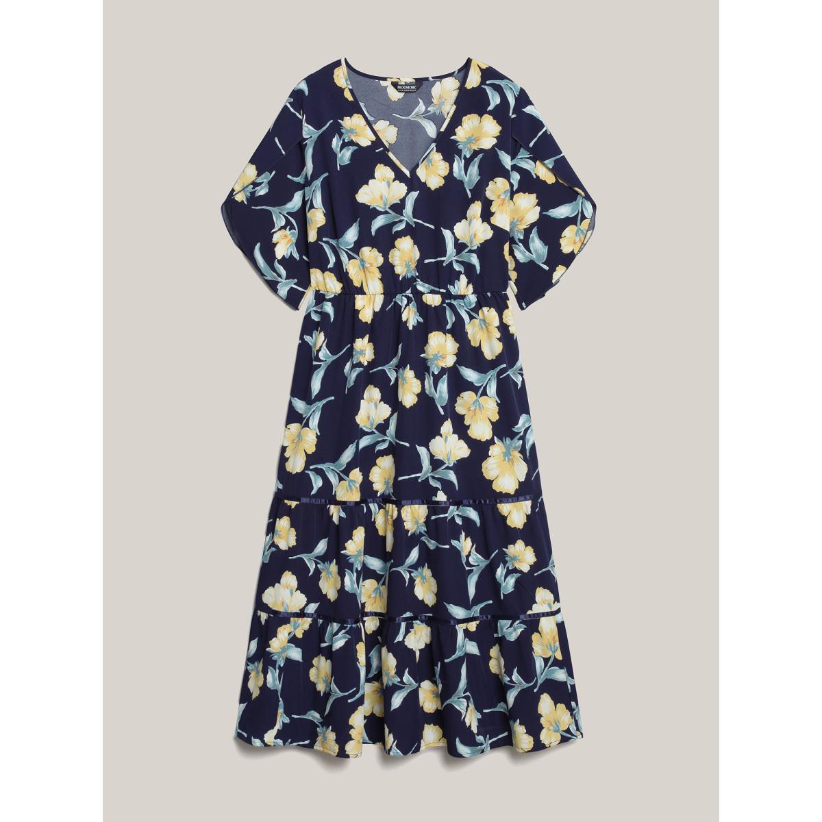 Plus Size Spring Flowers V-Neck Tiered Midi Dress Indigo Women Elegant Overlapping V-neck Half Sleeve Curvy BloomChic 28/5X Product Image