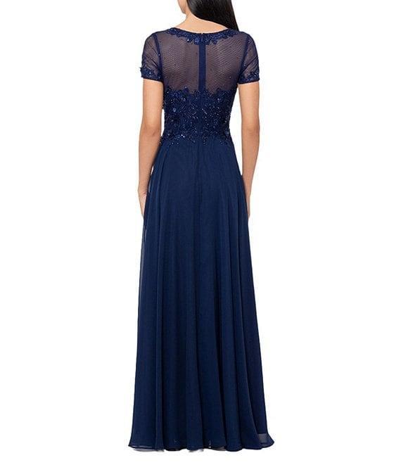 Xscape Chiffon Beaded Mesh Crew Neck Short Sleeve A-Line Gown Product Image