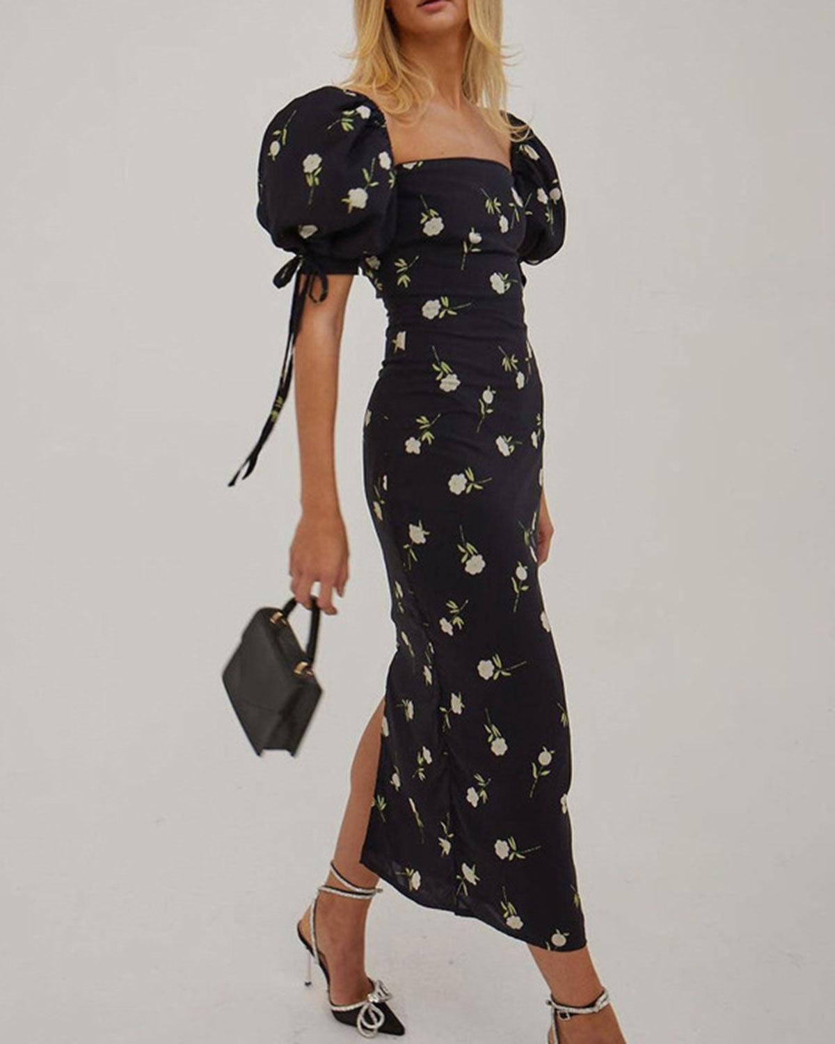 Black Square Neck Floral Midi Dress Product Image