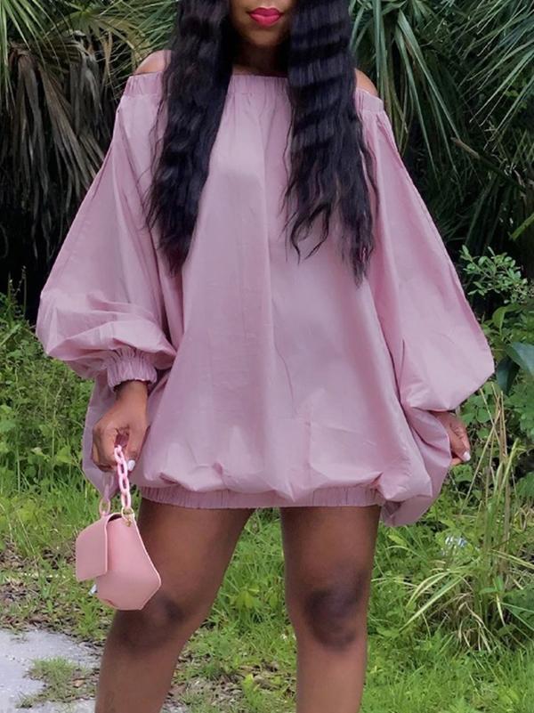 Long Sleeves Loose Elasticity Solid Color Off-The-Shoulder Mini Dresses Product Image