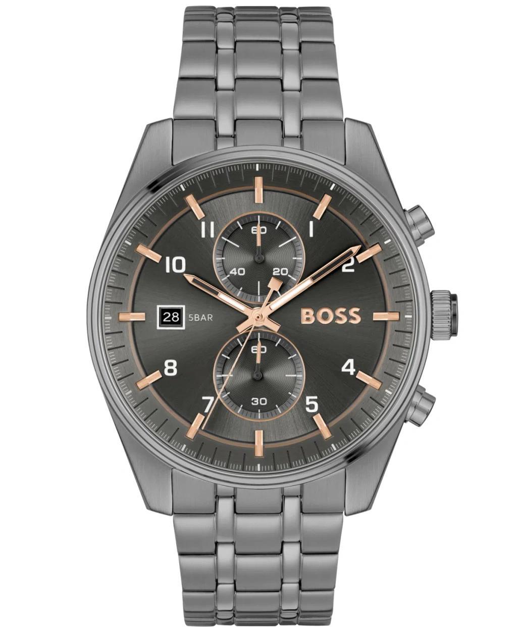 Hugo Boss Mens Skytraveller Quartz Fashion Chrono Ionic Plated Gray Steel Watch 44mm Product Image