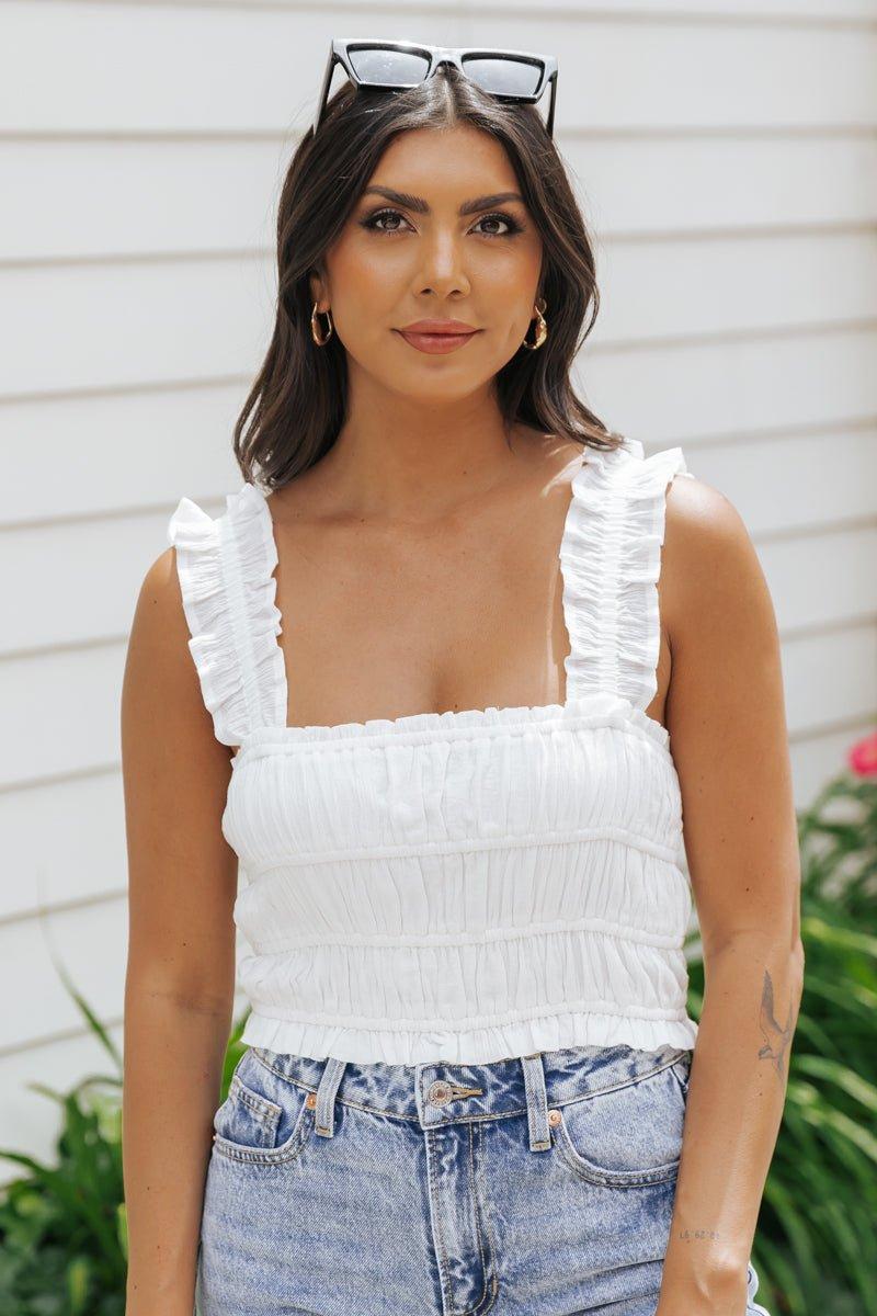 White Ruffle Smocked Tank Top - FINAL SALE Product Image