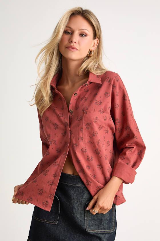 Amelia Dawn Red Floral Long Sleeve Button-Up Top Product Image