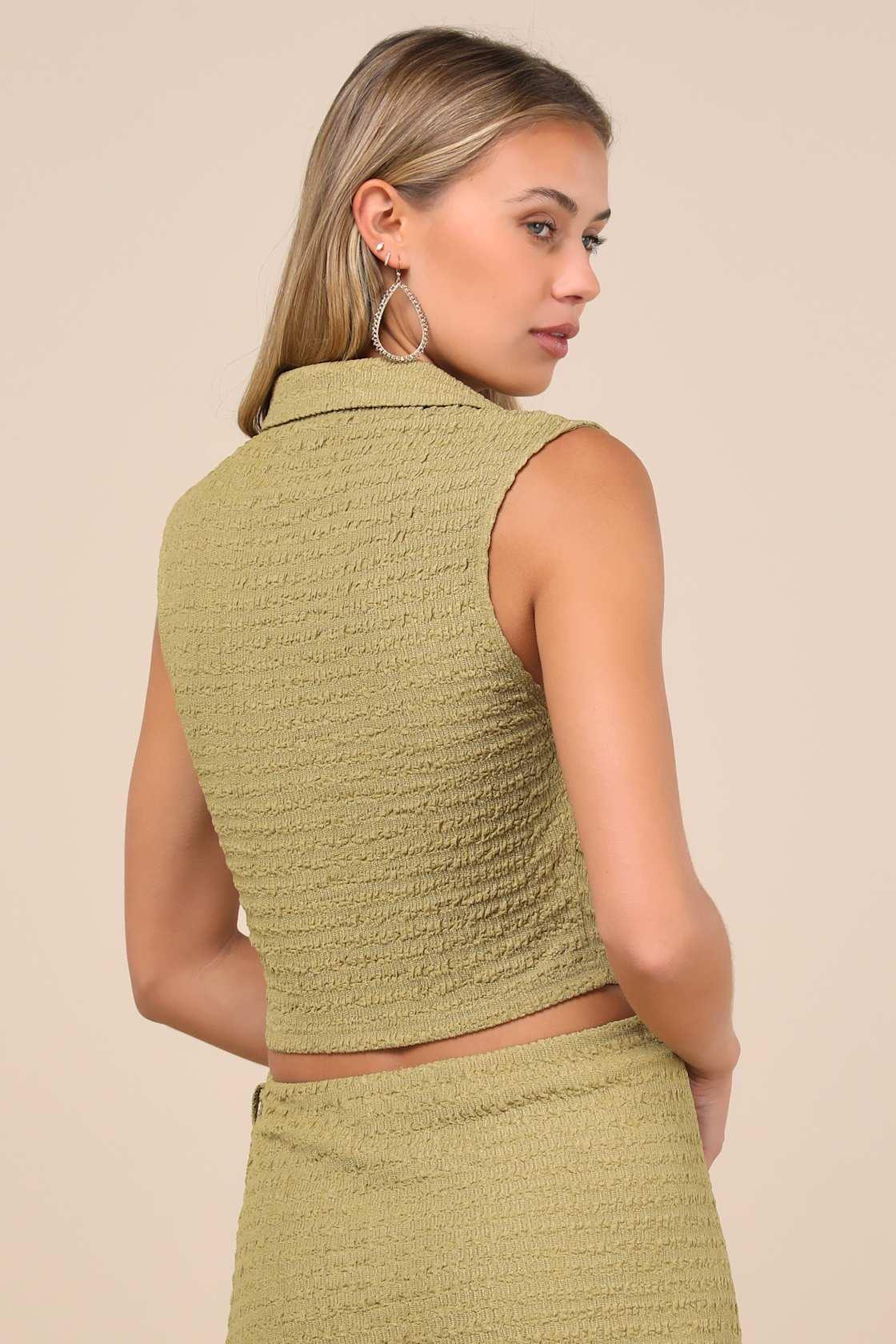 Luxe Cuteness Lime Green Textured Collared Crop Top Product Image