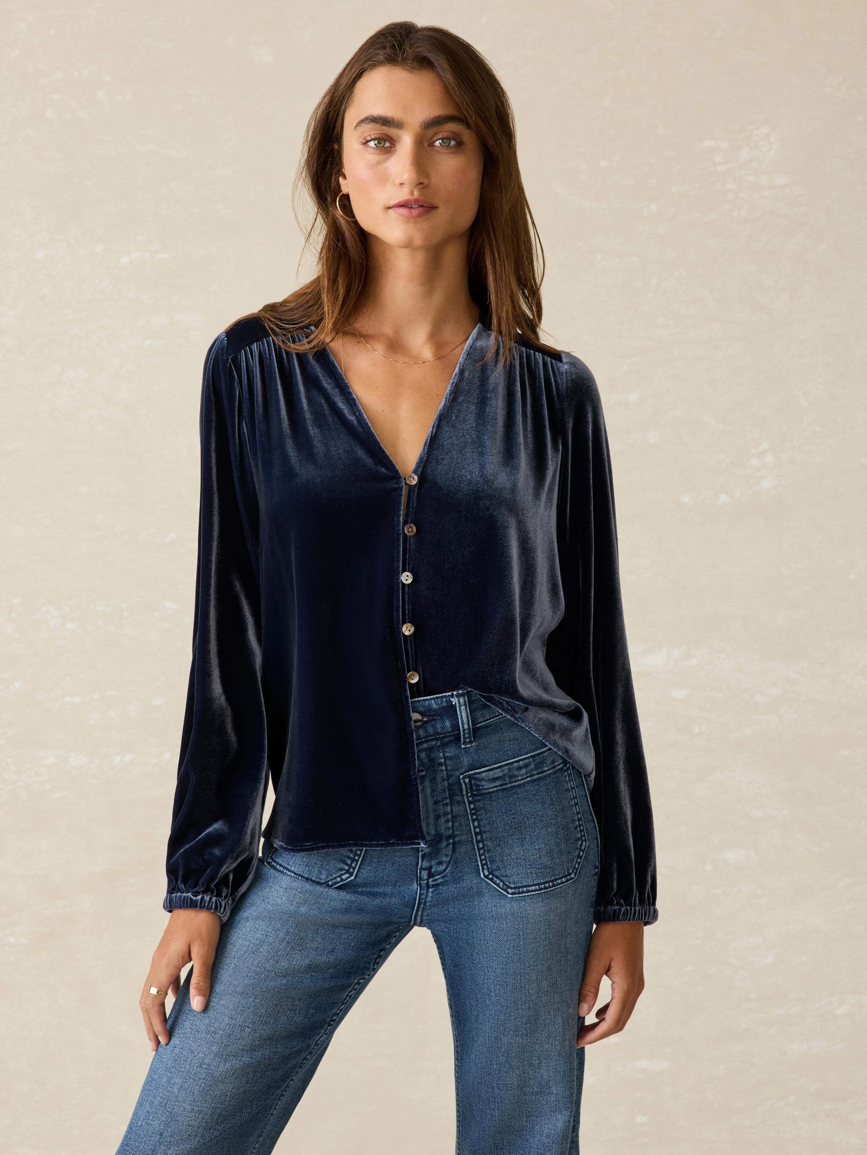 Stretch Silk Velvet Rowan Top - Navy Female Product Image