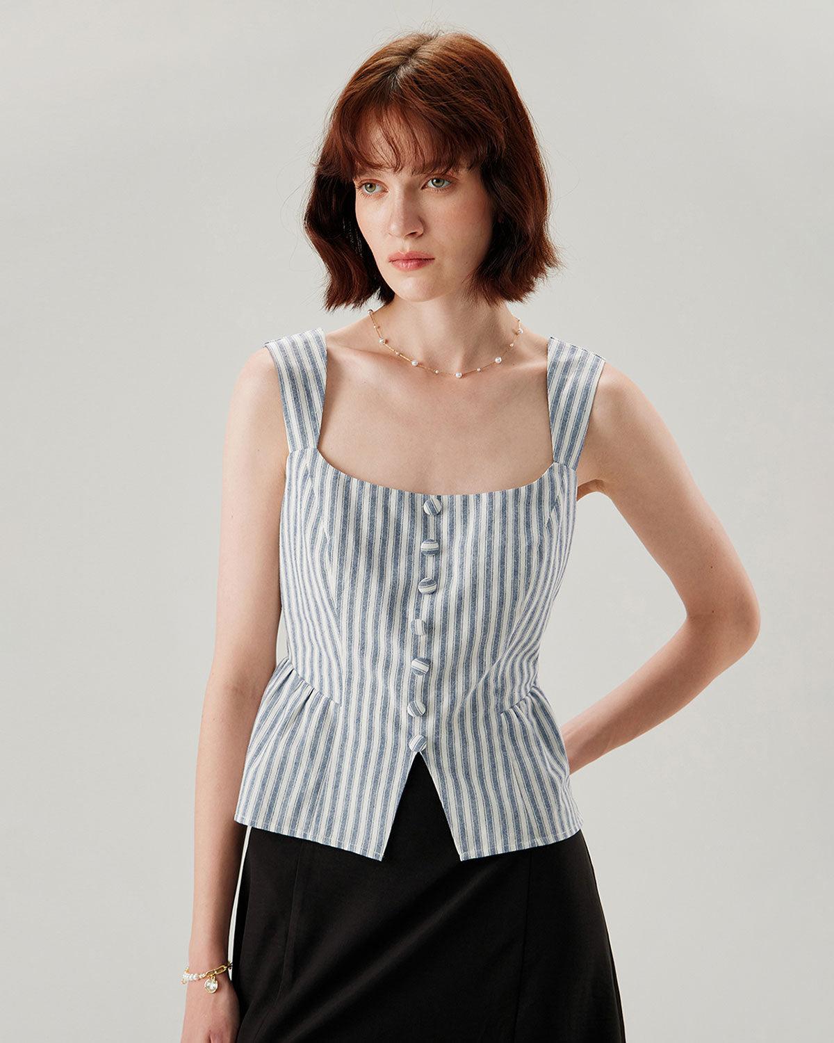 Blue Striped Square Neck Tank Top Product Image