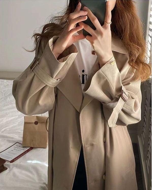 Collar Plain Midi Double-Breasted Trench Coat Product Image