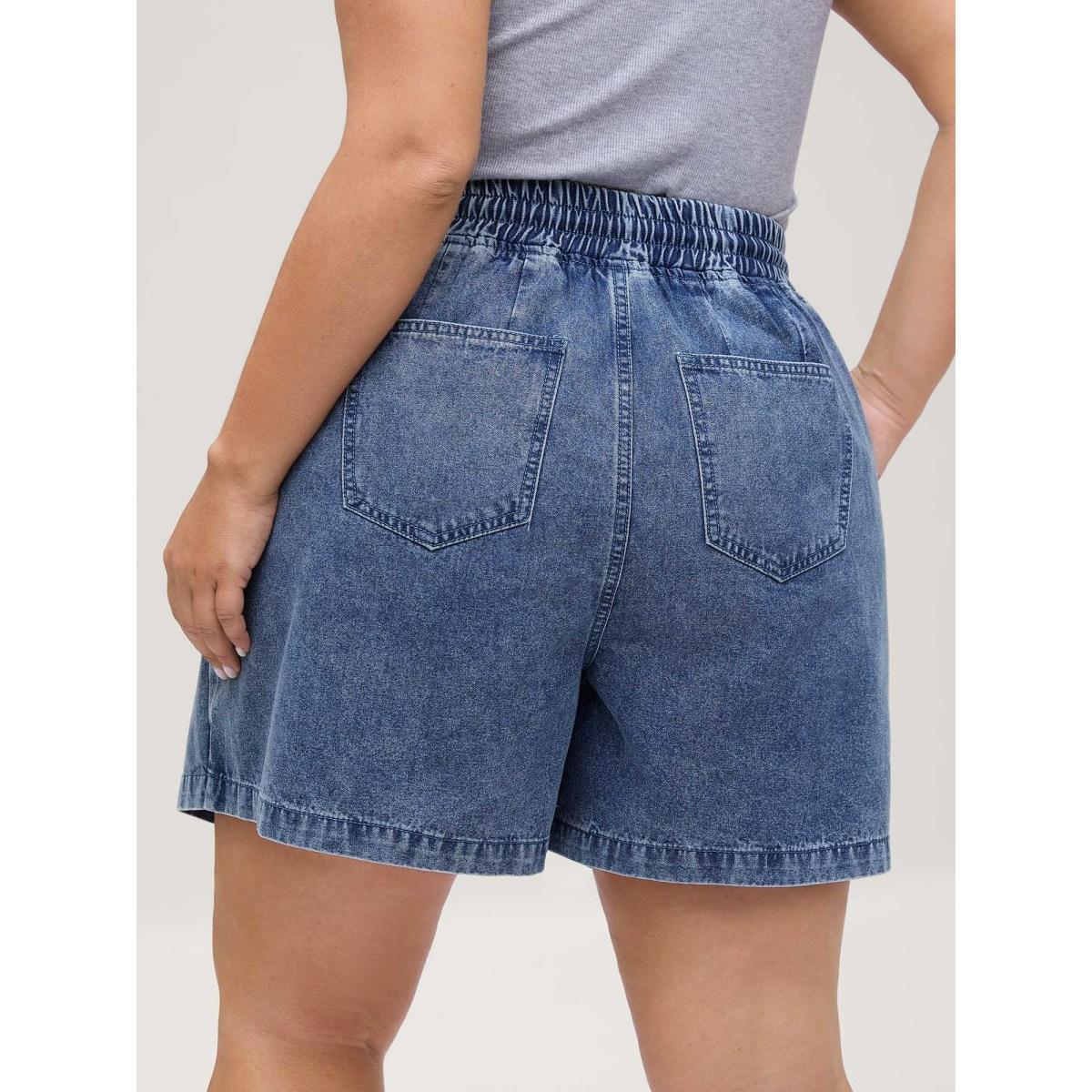 Plus Size Pull-On Drawstring Denim Skort Women Midblue No stretch Casual Slanted pocket Leisure Denim Shorts BloomChic 12/L Product Image