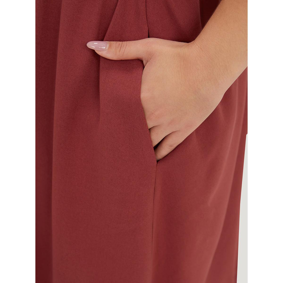 Plus Size Plain Elastic Cuffs Pocket Laser Cut Dress Russet Women Elegant Elastic cuffs V-neck Elbow-length sleeve Curvy Midi Dress BloomChic 14-16/1X Product Image