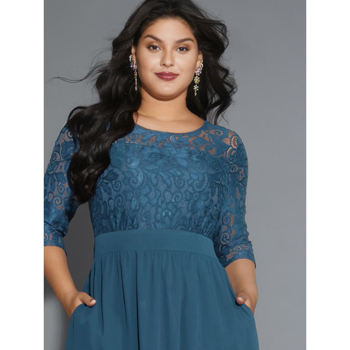 Plus Size Lace Patchwork Shirred Midi Pocket Dress Mediumblue Women Cocktail Woven ribbon&lace trim Round Neck Elbow-length sleeve Curvy BloomChic 14-16/1X Product Image