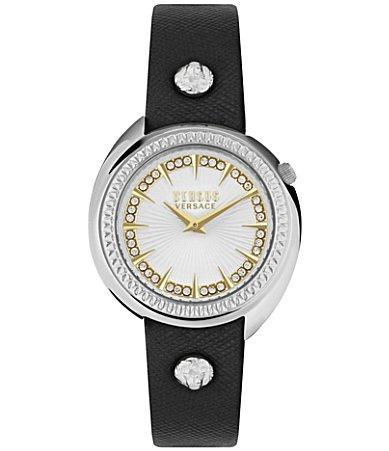 Versus By Versace Womens Tortona Crystal Two Hand Black Leather Strap Watch Product Image