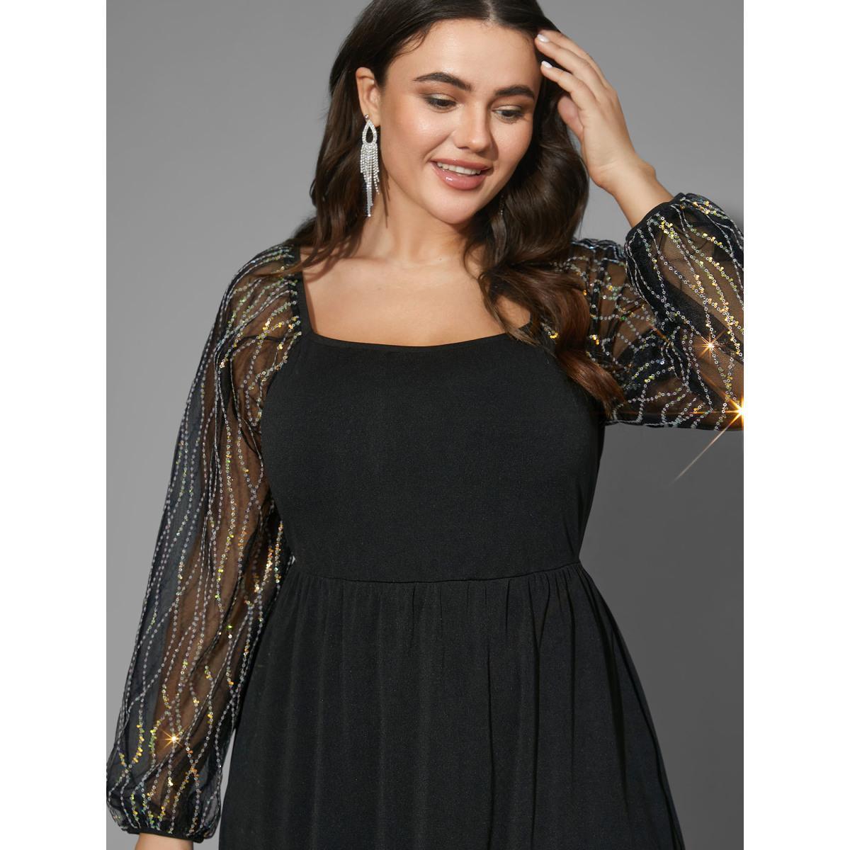 Plus Size Square Neck Patchwork Sequin Mesh Dress DarkGreen Women Cocktail Texture Party Curvy Bloomchic 10/M Product Image