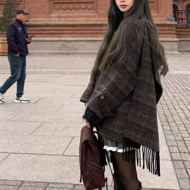 Long Sleeve Checked Poncho Designed Wool Coat Product Image