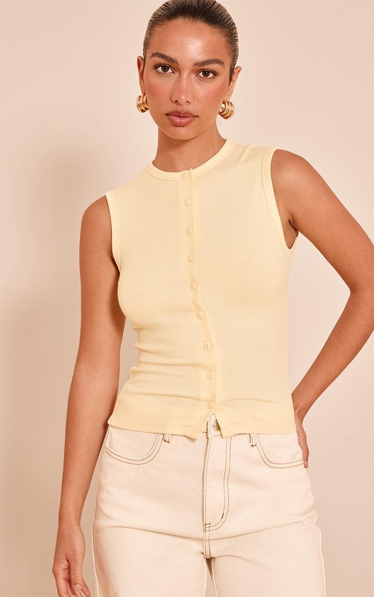 Butter Yellow Soft Rib Button Down Sleeveless Long Top Product Image