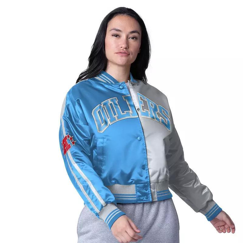 Women's Starter  Light Blue/Silver Houston Oilers Gridiron Classics Zone Blitz Cropped Full-Snap Satin Jacket, Size: Large, Nfl Light Product Image