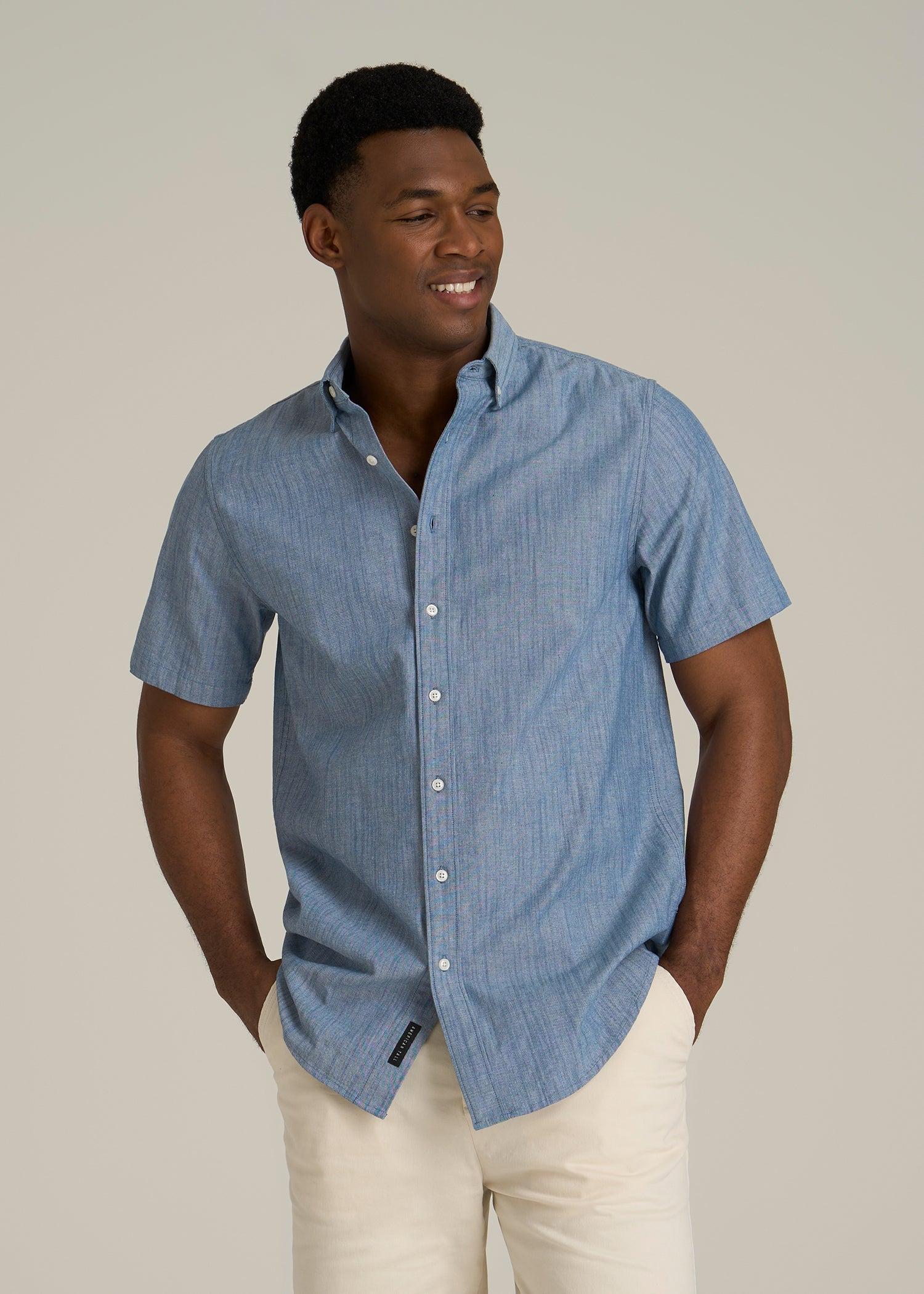 Short Sleeve Stretch Chambray Shirt for Tall Men in Medium Blue Chambray Male Product Image