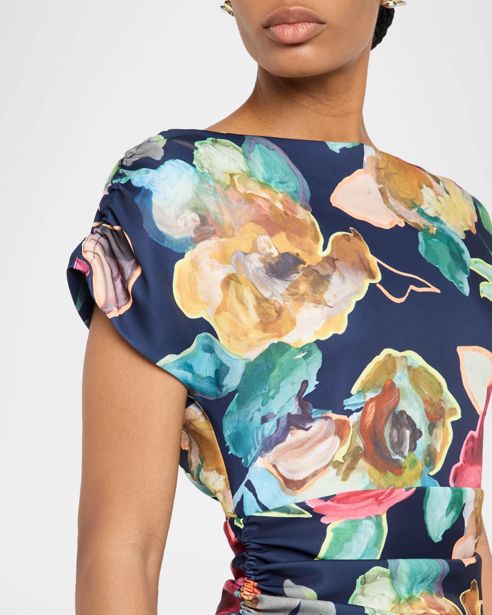 Floral Print Ruched Crepe Midi Dress Product Image