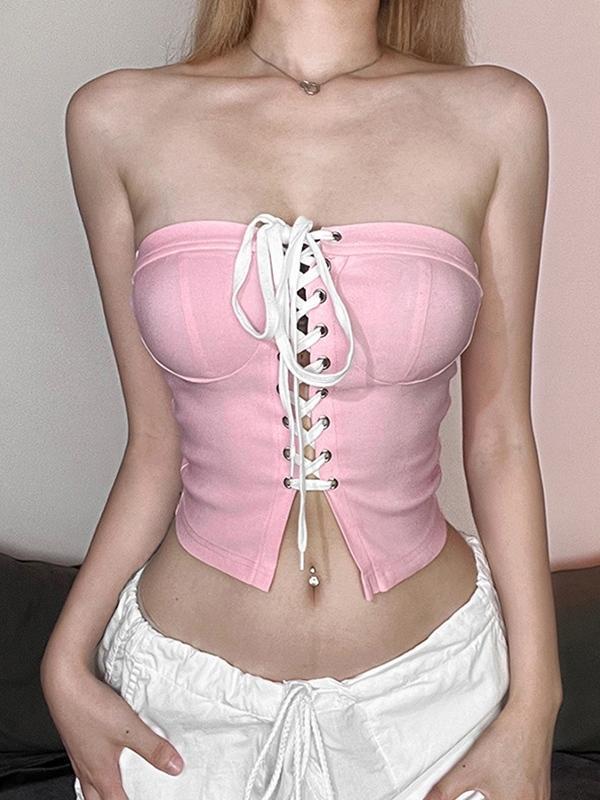 Solid Crossover Tie Up Cropped Bandeau Top Product Image