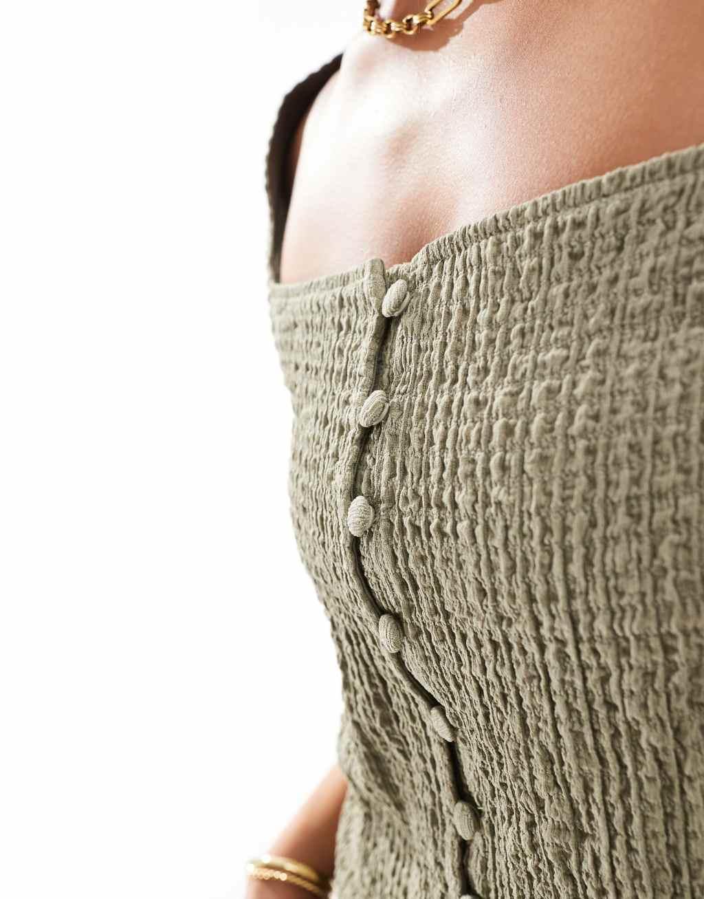 Vero Moda textured jersey square neck top in khaki Product Image