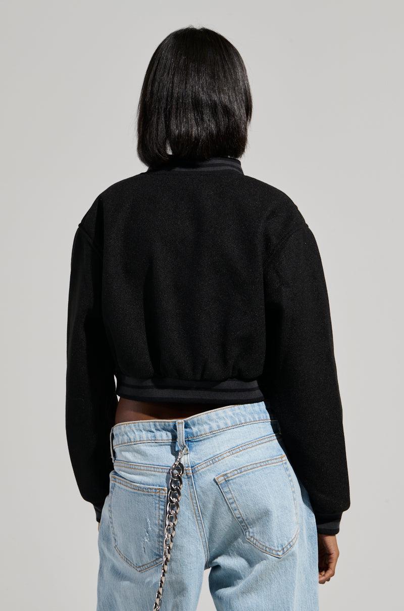 DAVIS EVERYDAY CROPPED VARSITY BOMBER IN BLACK Product Image