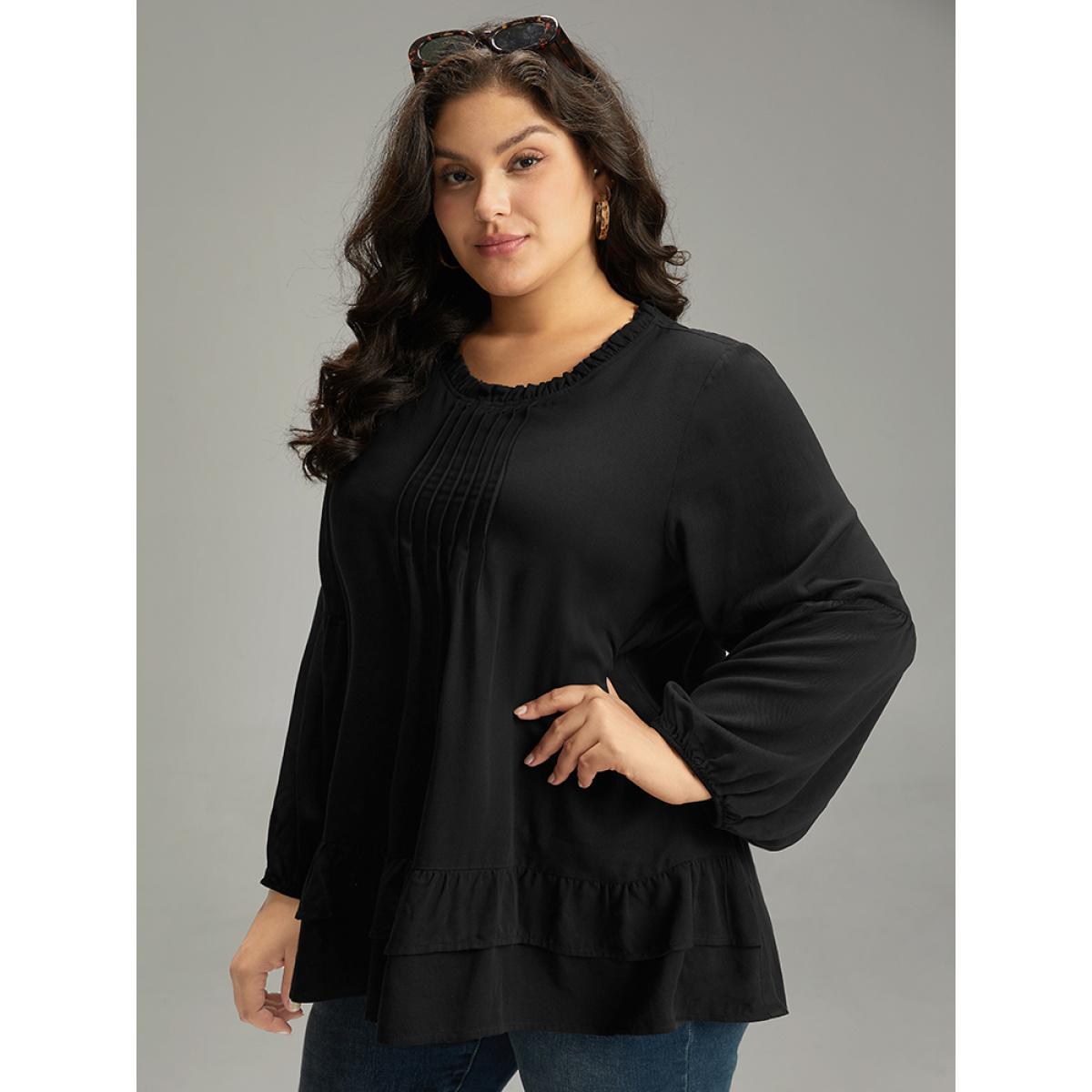 Plus Size Black Seam Detail Frill Trim Layered Blouse Women Elegant Long Sleeve Round Neck Dailywear Blouses BloomChic 10/M Product Image