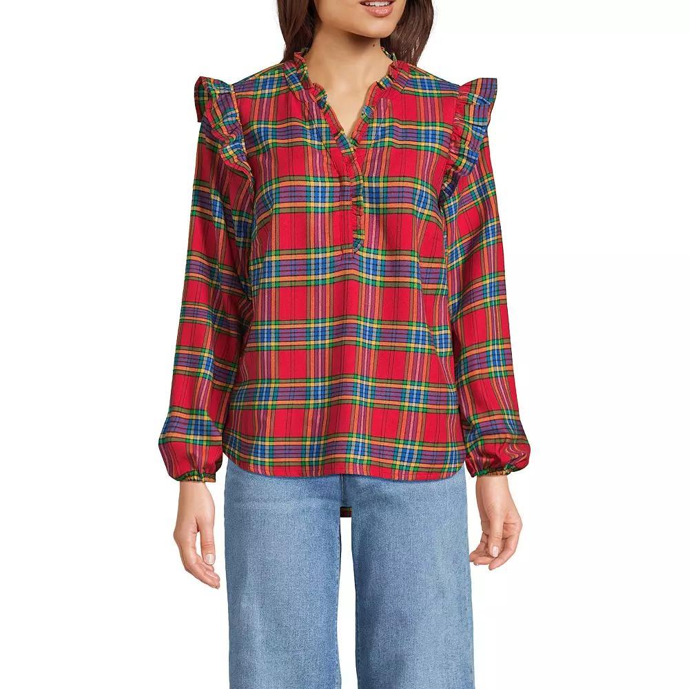 Women's Lands' End Ruffle Front Flannel Popover Blouse,  Product Image