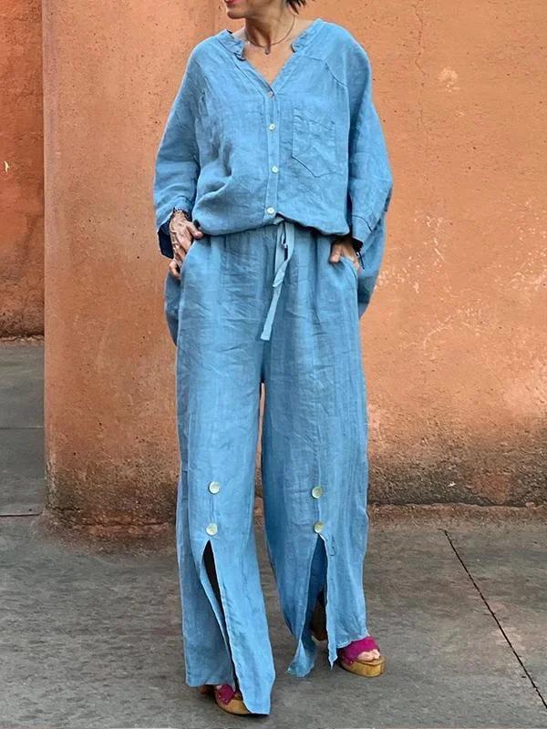 Loose Wide Leg Drawstring Solid Color Split-Front Split-Joint Pants Trousers Product Image