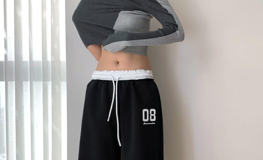 Drawstring Waist Number Print Contrast Trim Wide Leg Sweatpants Product Image