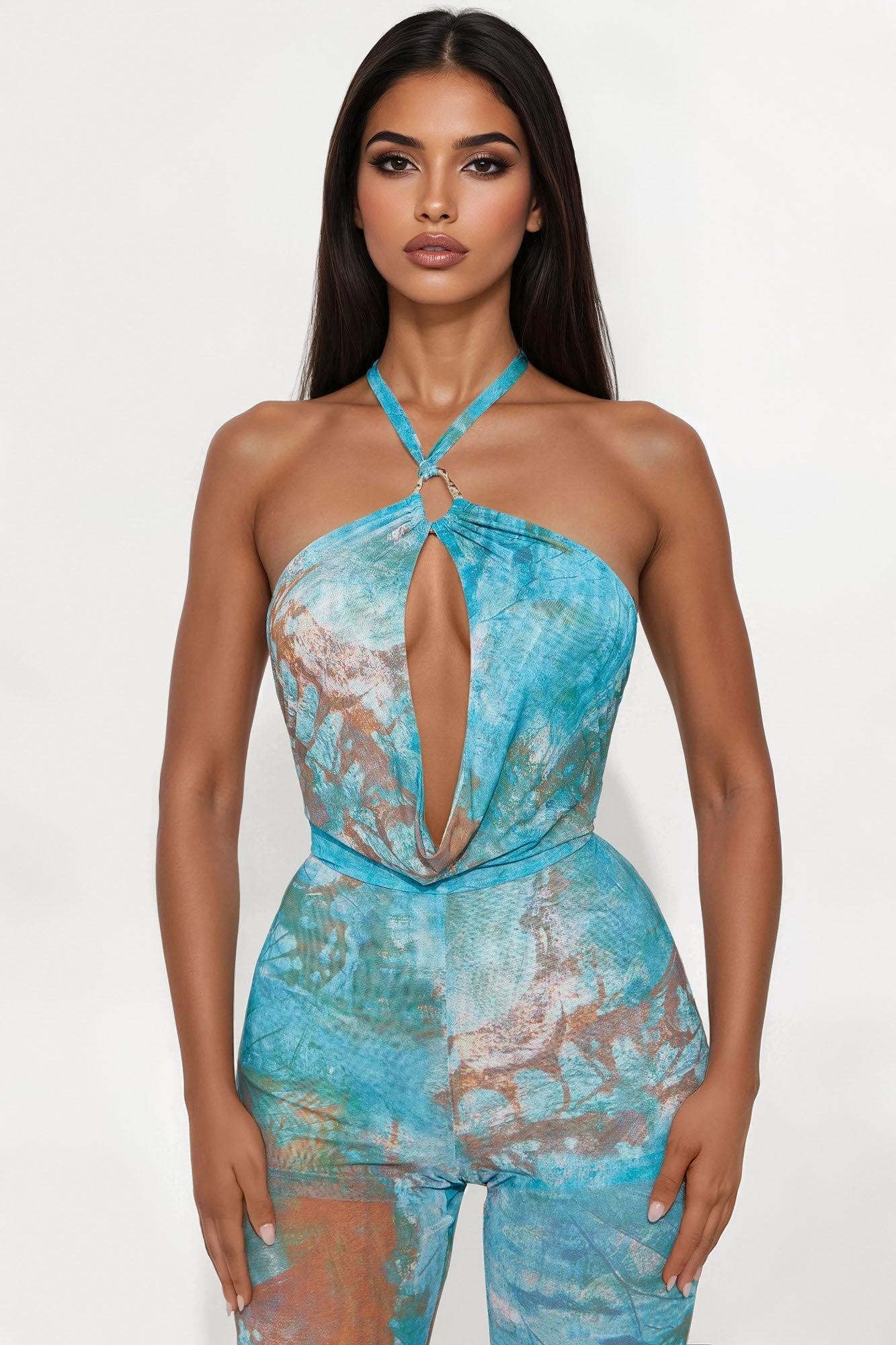 Not Just Anyone Mesh Jumpsuit - Aqua/Combo Female Product Image