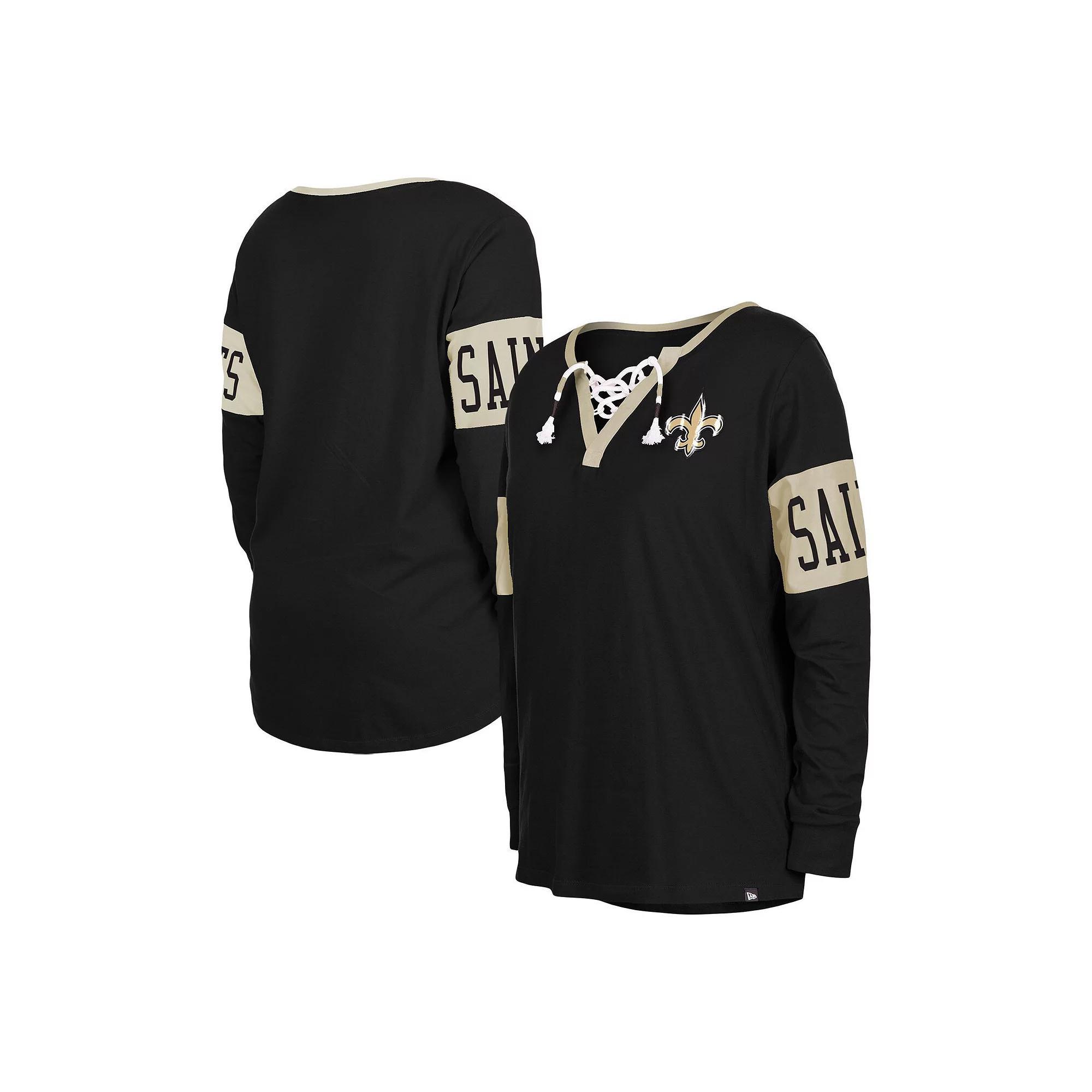 Women's New Era Black New Orleans Saints Lace-Up Notch Neck Long Sleeve T-Shirt, Size: XS Product Image