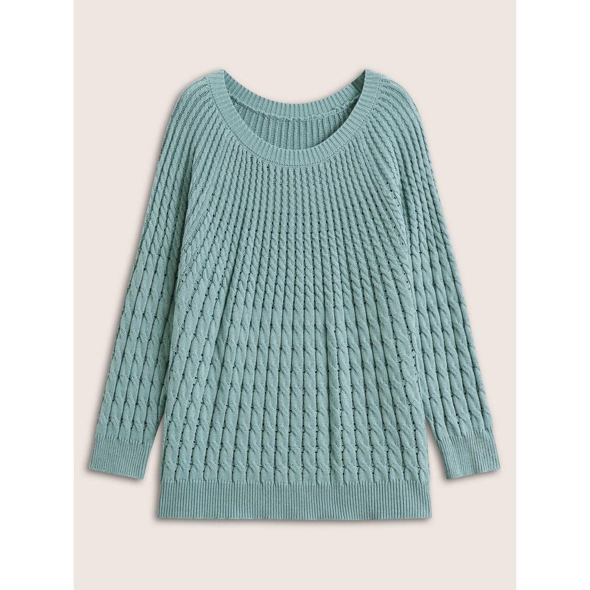 Plus Size Cotton Blended Cable Knit Raglan Sleeve Pullover Teal Women Casual Long Sleeve Round Neck Everyday Pullovers BloomChic 14-16/1X Product Image