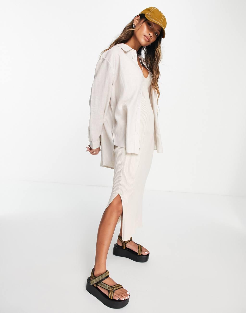 Only linen oversized shirt in beige - part of a set  Product Image