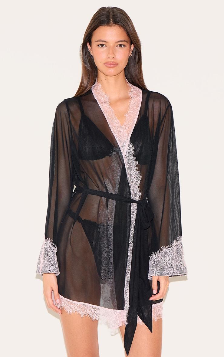 Black Mesh Contrast Eyelash Lace Robe Product Image